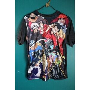 One Piece Anime Men’s Shirt Short Sleeve Black Satin Front  XL